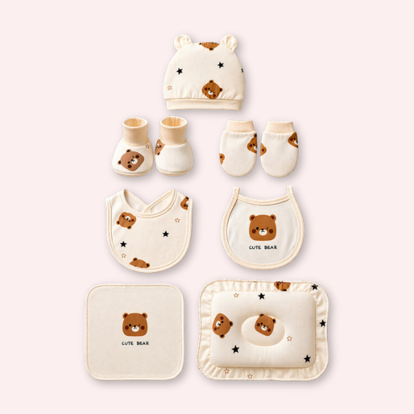 25 pcs Beige Bear Hamper for Newborn Boy/Girl, All Season wear hamper with luxury designed blue storage cane basket 0-12 months