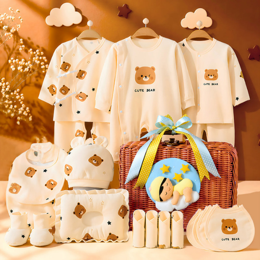 25 pcs Dreamy baby Hamper for Newborn Boy/Girl, All Season wear hamper with luxury designed brown storage cane basket 0-12 months