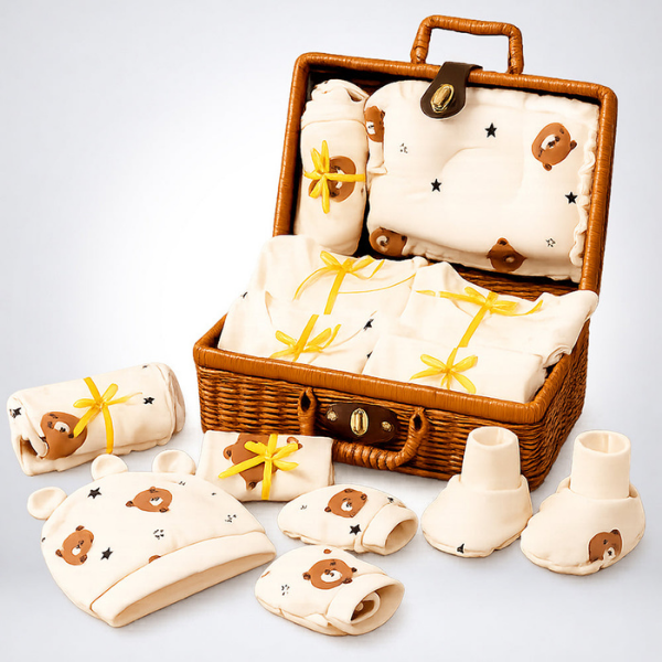25 pcs Dreamy baby Hamper for Newborn Boy/Girl, All Season wear hamper with luxury designed brown storage cane basket 0-12 months