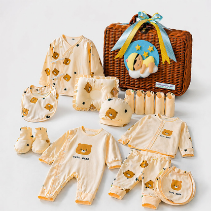25 pcs Dreamy baby Hamper for Newborn Boy/Girl, All Season wear hamper with luxury designed brown storage cane basket 0-12 months