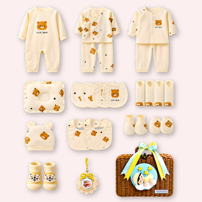 25 pcs Dreamy baby Hamper for Newborn Boy/Girl, All Season wear hamper with luxury designed brown storage cane basket 0-12 months
