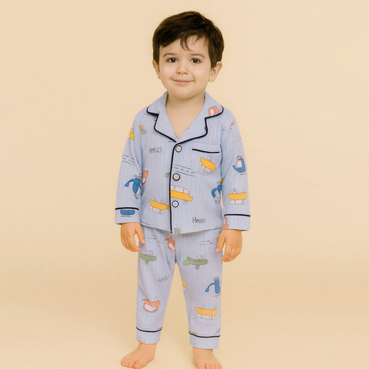 Blue Car & Plane print soft cotton Kids nightsuit