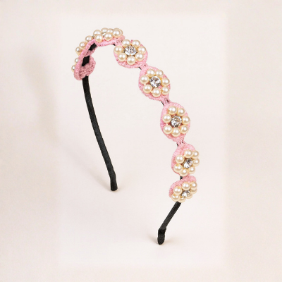 Choko Beaded Floral Pearl Hairband with Pearly Flowers and Elegant Touch for Girls - Light Pink