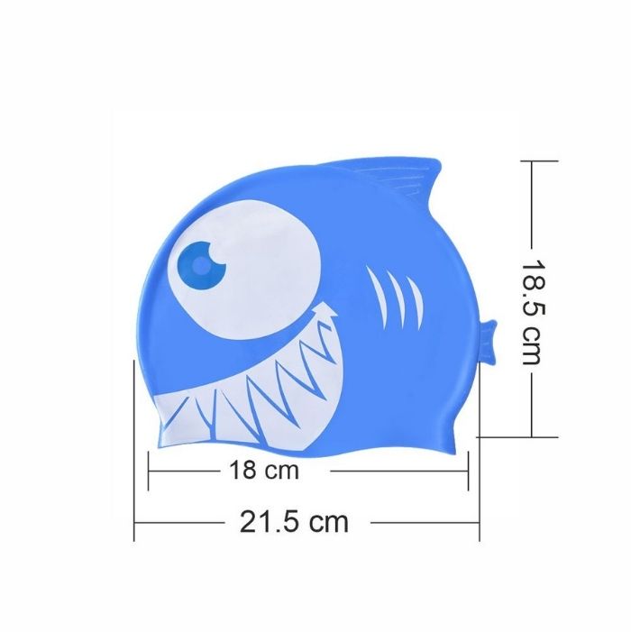Blue & White Jaw Fish, Silicone Kids Swim Cap, 5 years -15 years