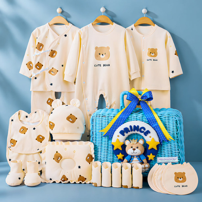 25 pcs Prince Hamper for Newborn Boy, All Season wear hamper with luxury designed blue storage cane basket 0-12 months