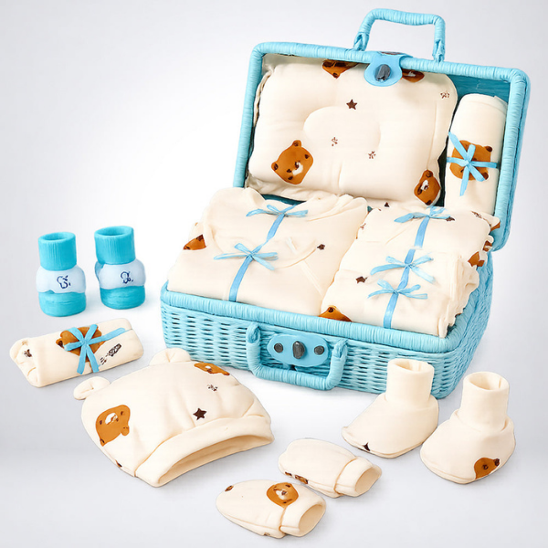 25 pcs Prince Hamper for Newborn Boy, All Season wear hamper with luxury designed blue storage cane basket 0-12 months