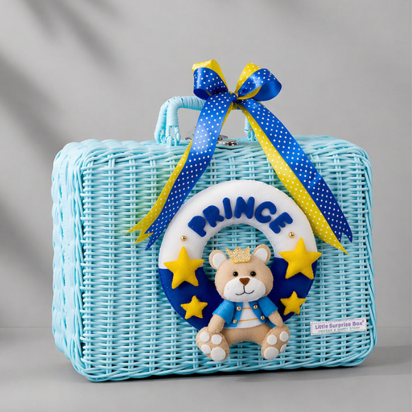 25 pcs Prince Hamper for Newborn Boy, All Season wear hamper with luxury designed blue storage cane basket 0-12 months