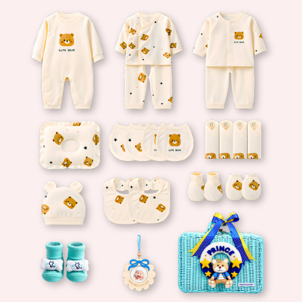 25 pcs Prince Hamper for Newborn Boy, All Season wear hamper with luxury designed blue storage cane basket 0-12 months