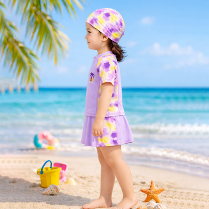 2 Pcs Top & Skort Set Purple Tie-Dye Side Panel UPF 50+ Swimwear with Matching Swim Cap for Girls With Free Wash Bag