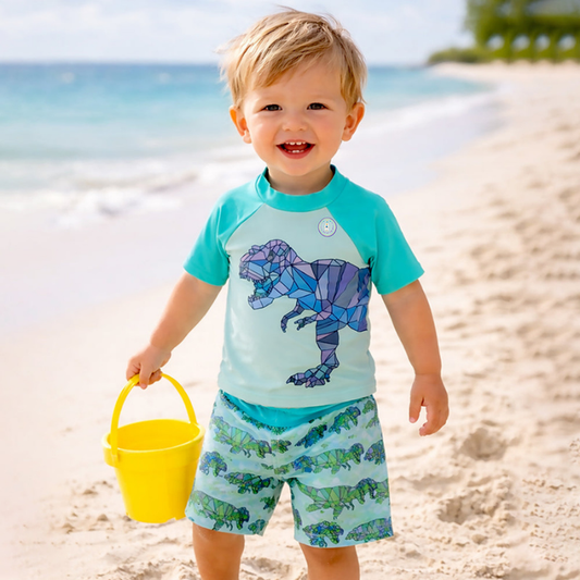 2 Pcs Geomteric Dino, T-shirt & Shorts Set, Toddlers & Kids Swimwear with matching Swim Cap, plus Free Wash Bag & Free Swim Detergent