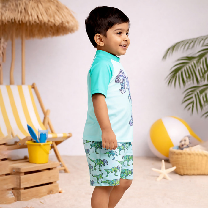 2 Pcs Geomteric Dino, T-shirt & Shorts Set, Toddlers & Kids Swimwear with matching Swim Cap, plus Free Wash Bag & Free Swim Detergent