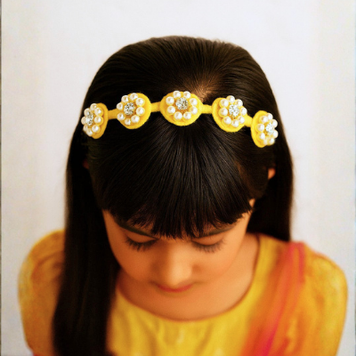 Choko Beaded Floral Pearl Hairband with Sunny Pearl Flowers and Cheerful Style for Girls - Yellow