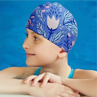 Blue Leaf & Bloom theme Swimming Cap for Kids and Adults, 12 years and above.