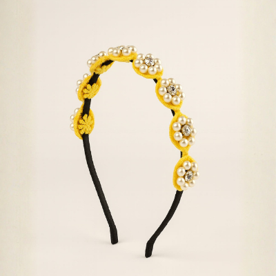 Choko Beaded Floral Pearl Hairband with Sunny Pearl Flowers and Cheerful Style for Girls - Yellow