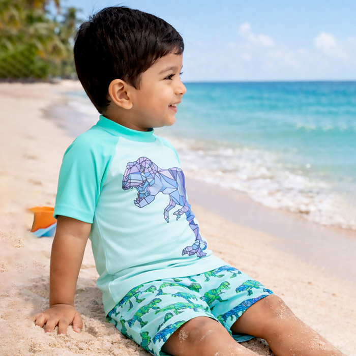 2 Pcs Geomteric Dino, T-shirt & Shorts Set, Toddlers & Kids Swimwear with matching Swim Cap, plus Free Wash Bag & Free Swim Detergent