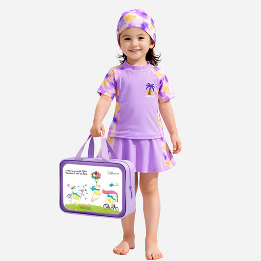 2 Pcs Top & Skort Set Purple Tie-Dye Side Panel UPF 50+ Swimwear with Matching Swim Cap for Girls With Free Wash Bag