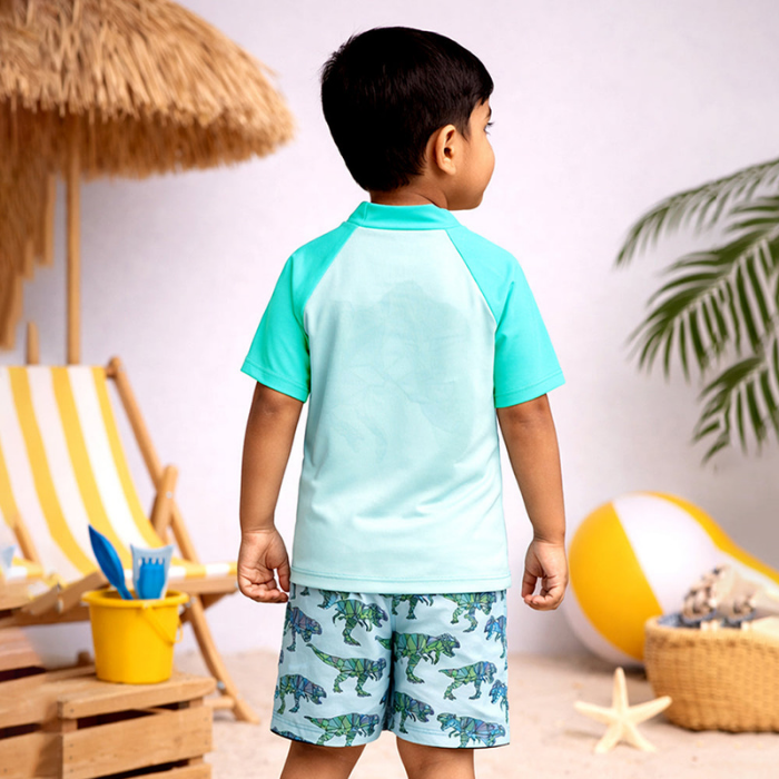 2 Pcs Geomteric Dino, T-shirt & Shorts Set, Toddlers & Kids Swimwear with matching Swim Cap, plus Free Wash Bag & Free Swim Detergent