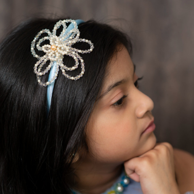 Choko Blue Floral Beaded Hairband with Pearls - Blue, OffWhite