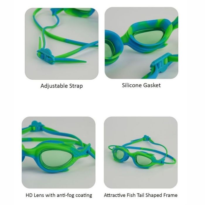 Fluoroscent Green & Blue Fishtail Designed Frame, Anti-Fog UV Protection Leakproof Design Swim Goggles for Kids, 3 years - 8 years