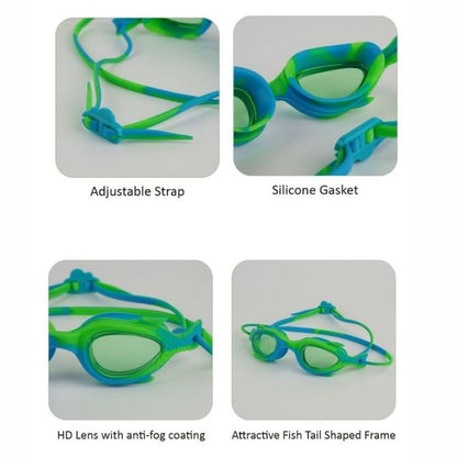 Fluoroscent Green & Blue Fishtail Designed Frame, Anti-Fog UV Protection Leakproof Design Swim Goggles for Kids, 3 years - 8 years
