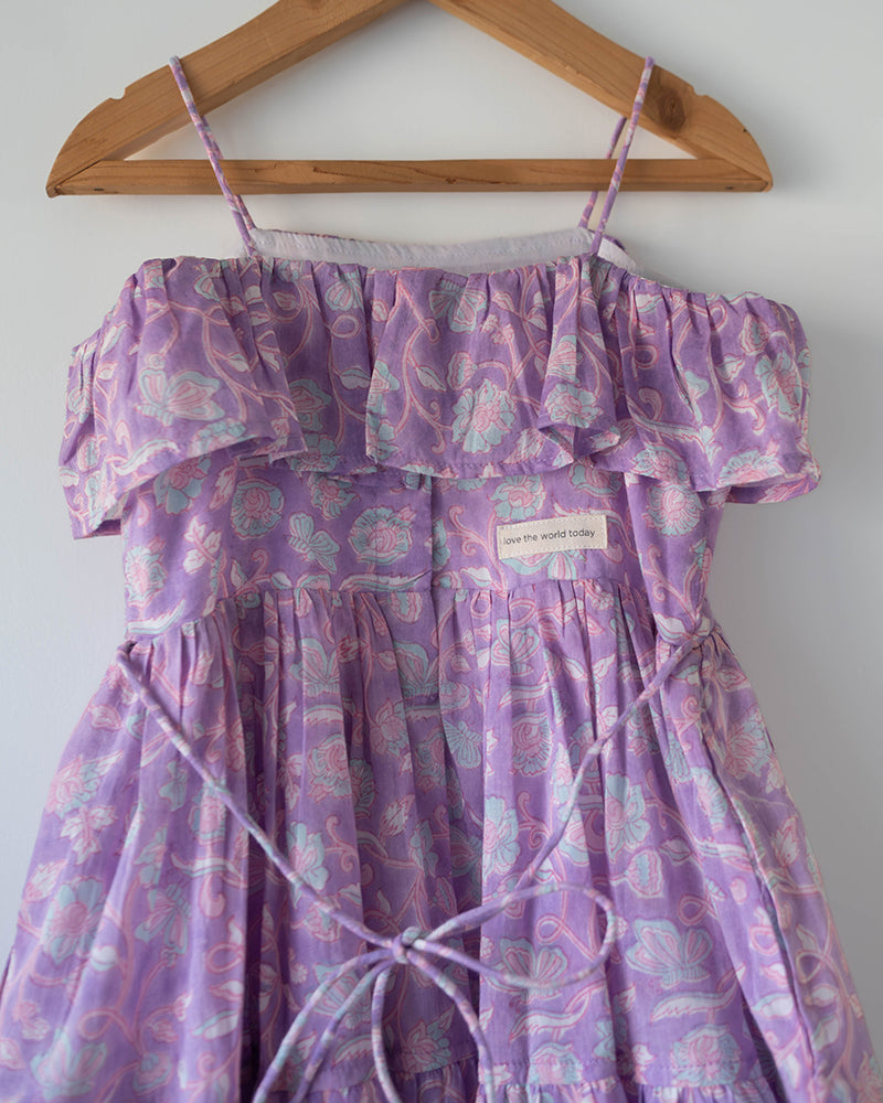 Fool's paradise dress in purple butterfly blockprint