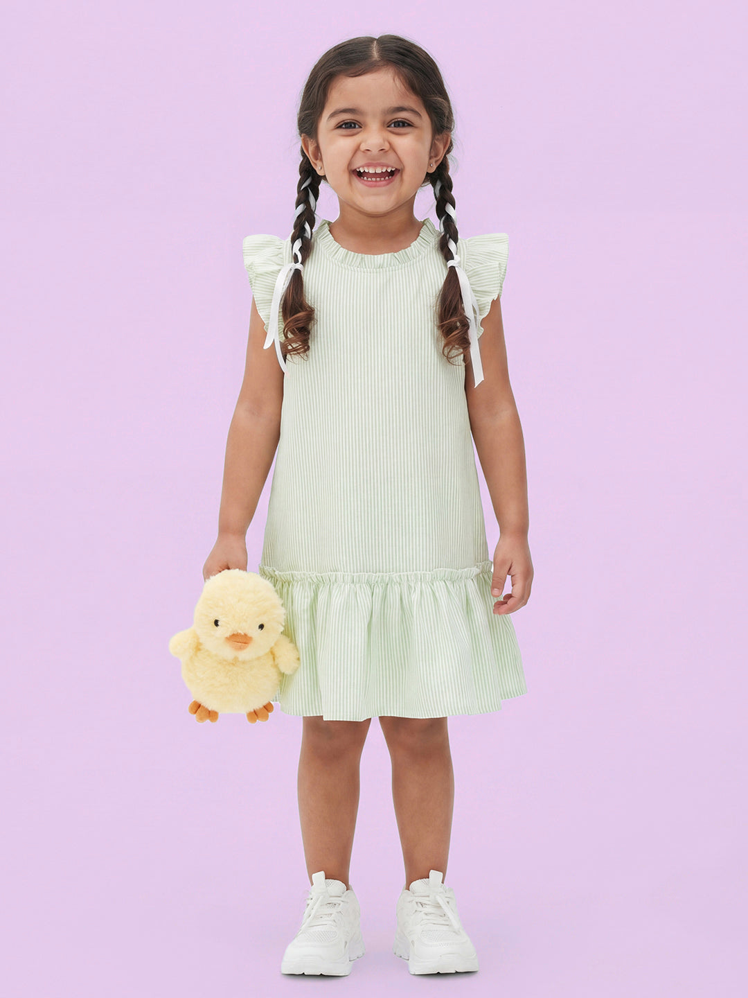 Soothing Stripes Frill Sleeves Dress for Girls (Green)
