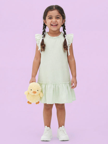 Soothing Stripes Frill Sleeves Dress for Girls (Green)