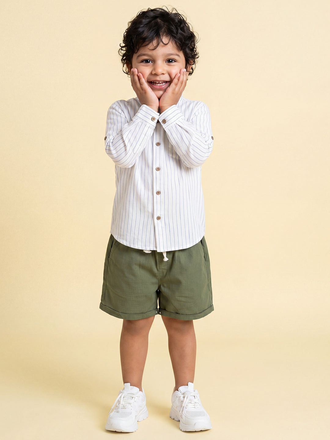 The Timeless Roll-up Sleeve Shirt for Boys (White with Blue Stripes)