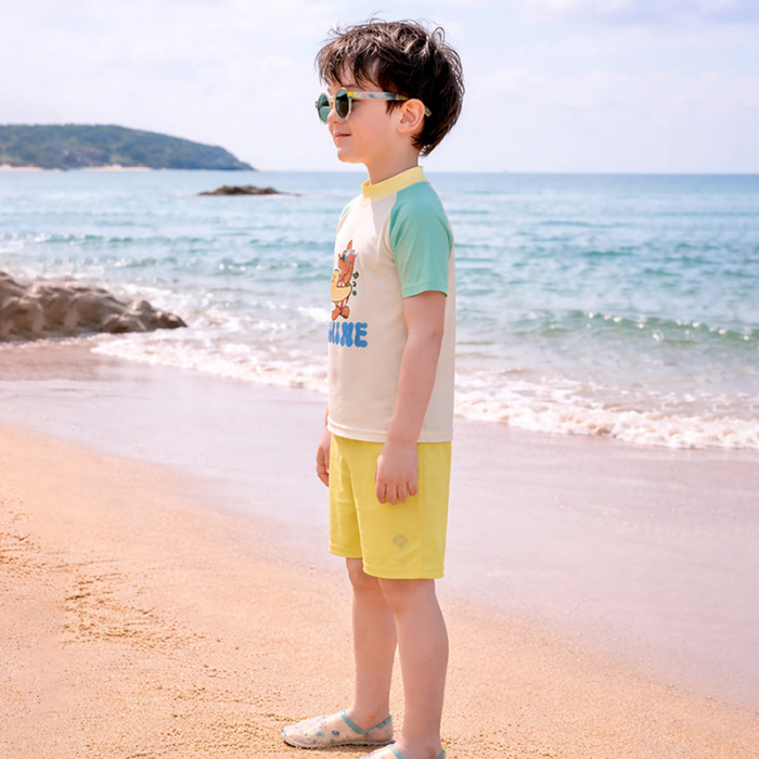 2 Pcs T-Shirt & Shorts Set Ivory, Teal & Yellow "Shine" Cartoon Print UPF 50+ Kids Swimwear with Matching Swim Cap With Free Wash Bag