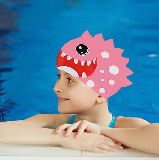 3d White Polka Pink, Silicone Kids Swim Cap, 5 years -15 years