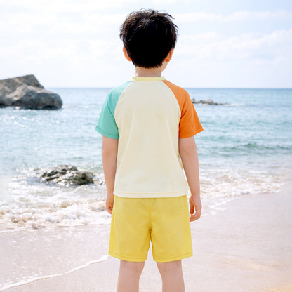 2 Pcs T-Shirt & Shorts Set Ivory, Teal & Yellow "Shine" Cartoon Print UPF 50+ Kids Swimwear with Matching Swim Cap With Free Wash Bag