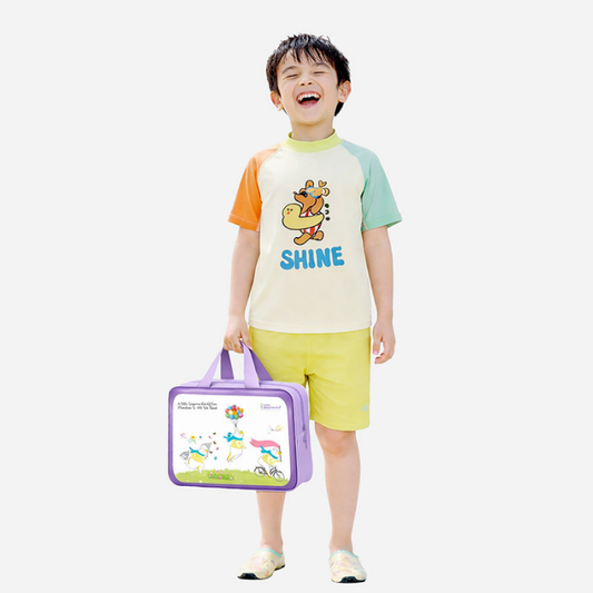 2 Pcs T-Shirt & Shorts Set Ivory, Teal & Yellow "Shine" Cartoon Print UPF 50+ Kids Swimwear with Matching Swim Cap With Free Wash Bag