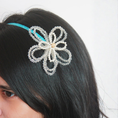 Choko Blue Floral Beaded Hairband with Pearls - Blue, OffWhite