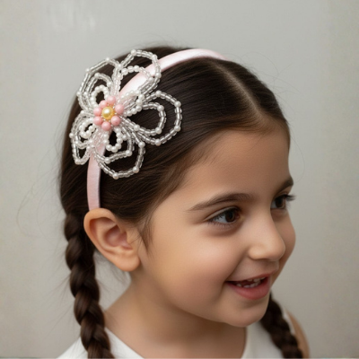 Choko Blue Floral Beaded Hairband with Pearls - Pink, Off White
