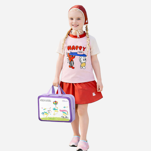 2 Pcs Top & Skort Set Red & Pink "Happy Surf Club" Cartoon Print UPF 50+ Swimwear with Matching Swim Cap for Girls With Free Wash Bag