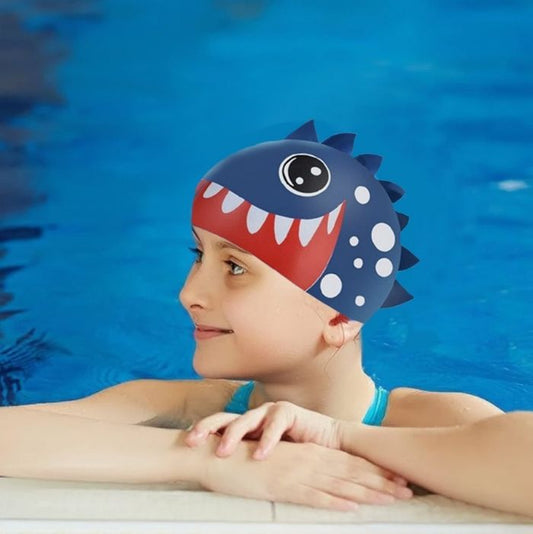 3d White Polka Navy, Silicone Kids Swim Cap, 5 years -15 years