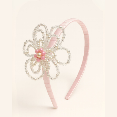 Choko Blue Floral Beaded Hairband with Pearls - Pink, Off White