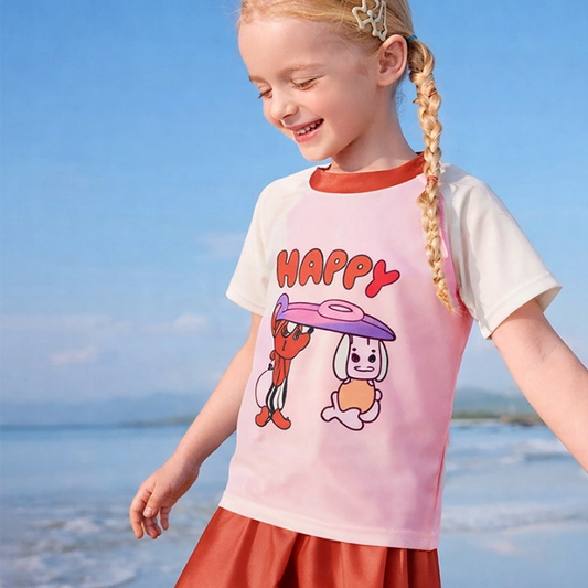 2 Pcs Top & Skort Set Red & Pink "Happy Surf Club" Cartoon Print UPF 50+ Swimwear with Matching Swim Cap for Girls With Free Wash Bag