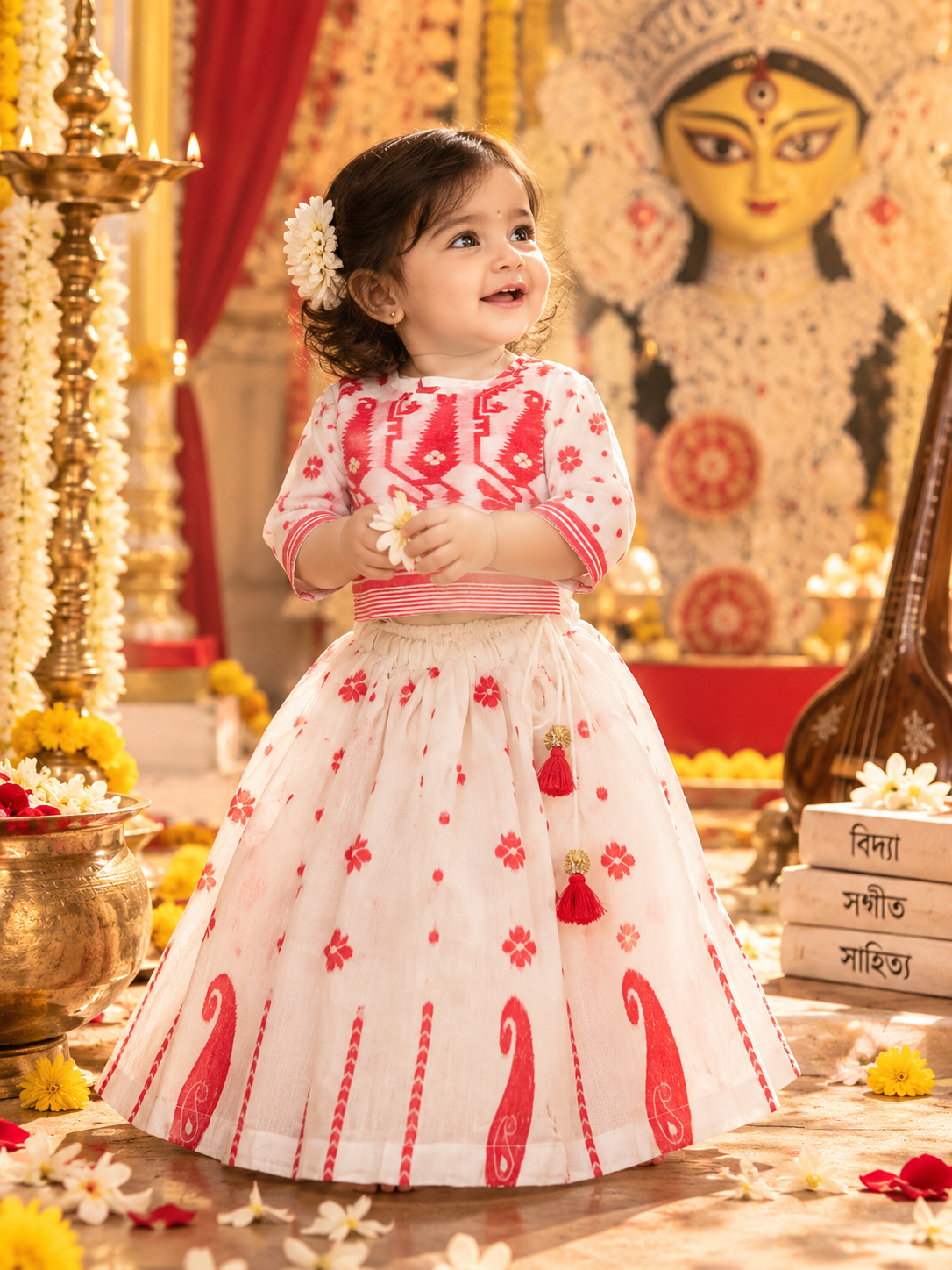 Dhakai Cotton Printed Lehenga Set for Girls