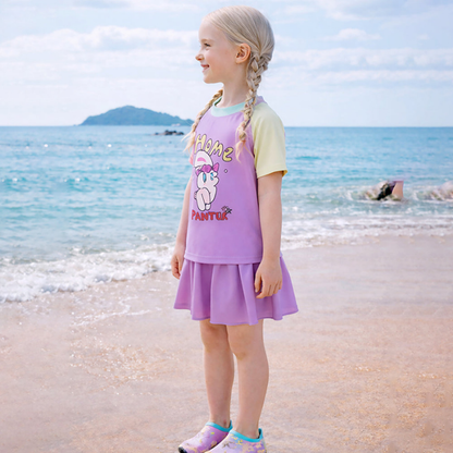 2 Pcs Top & Skort Set Purple "Home Painter" Rabbit Print UPF 50+ Swimwear with Matching Swim Cap for Girls With Free Wash Bag