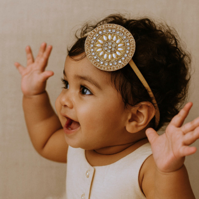 Choko Gold Pearl Medallion Headband with Matching Hair Clips Set for Girls Festive Styling