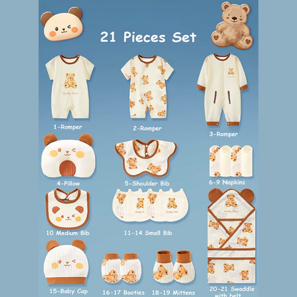 21 pcs Brown Cream Lovely Bear Newborn Baby Girl/ Boy Gift Box, all season wear Hamper, (0 - 12 months)