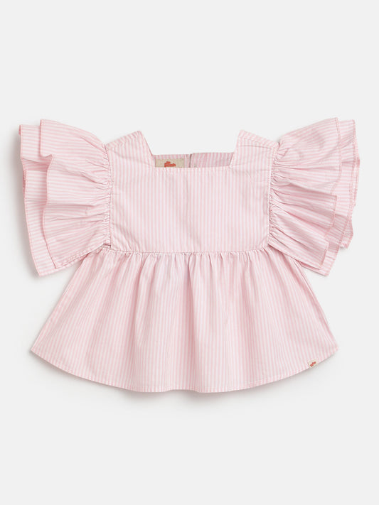 Striped Flounce Sleeve Top for Girls in Pink