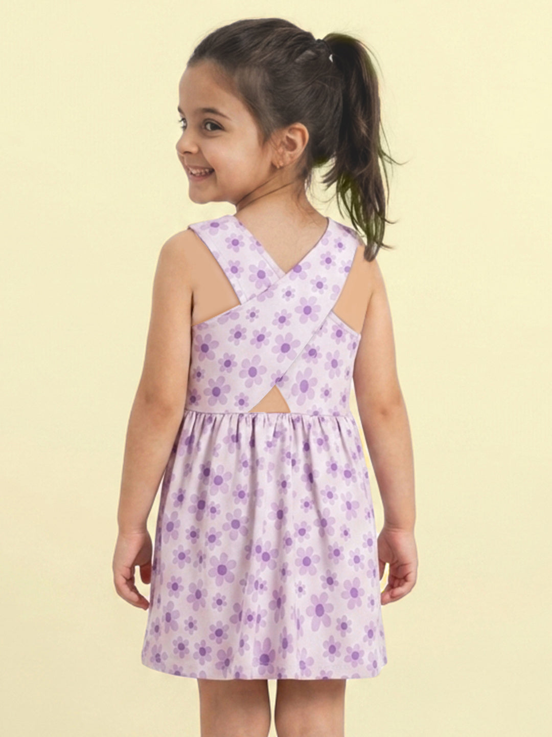 Floral Bloom Cross Back Dress for Girls (Purple)