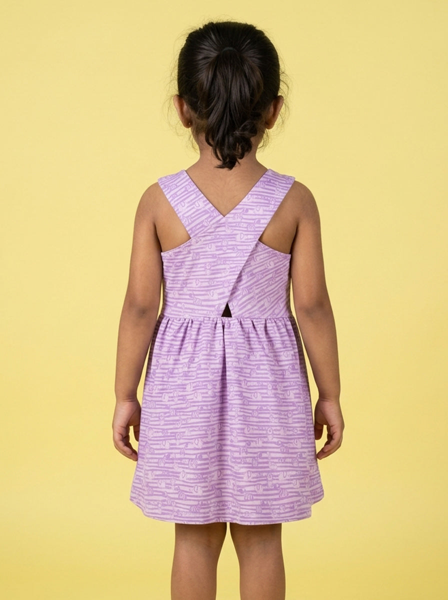 Animals in a Line Cross Back Dress for Girls (Pastel Purple)