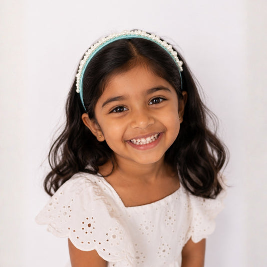 Queen's Glory Pearl Hair Band for Girls | Sky Blue Satin Headband | Sky Blue Pearl Hair Band for Girls | Birthday & Party Hair Accessory