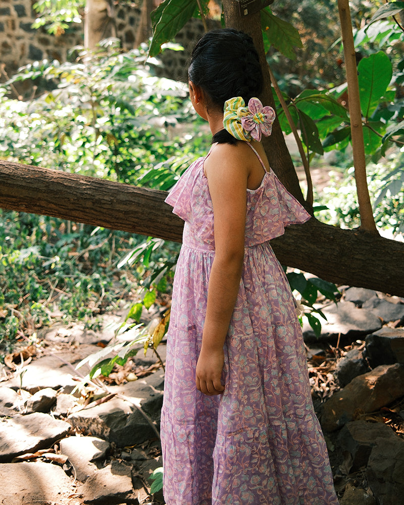 Fool's paradise dress in purple butterfly blockprint