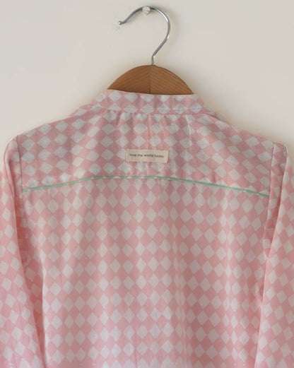Barefoot boy shirt in blush pink rhombus