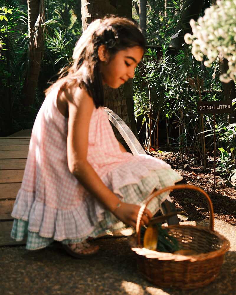 Pocketful of Sunsets dress in rhombus block print
