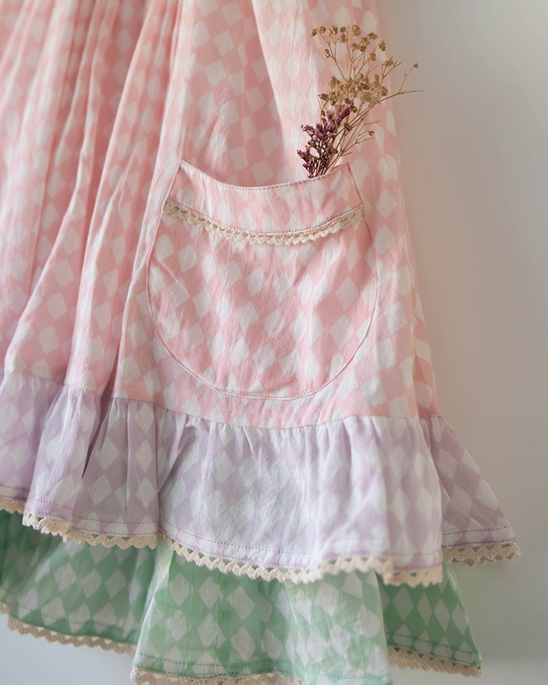 Pocketful of Sunsets dress in rhombus block print